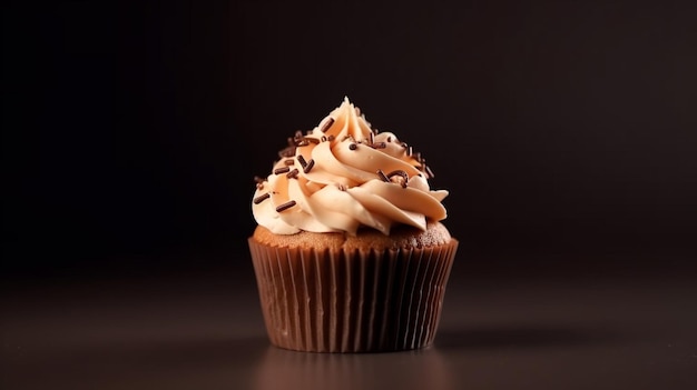 A cupcake with chocolate frosting and chocolate shavings