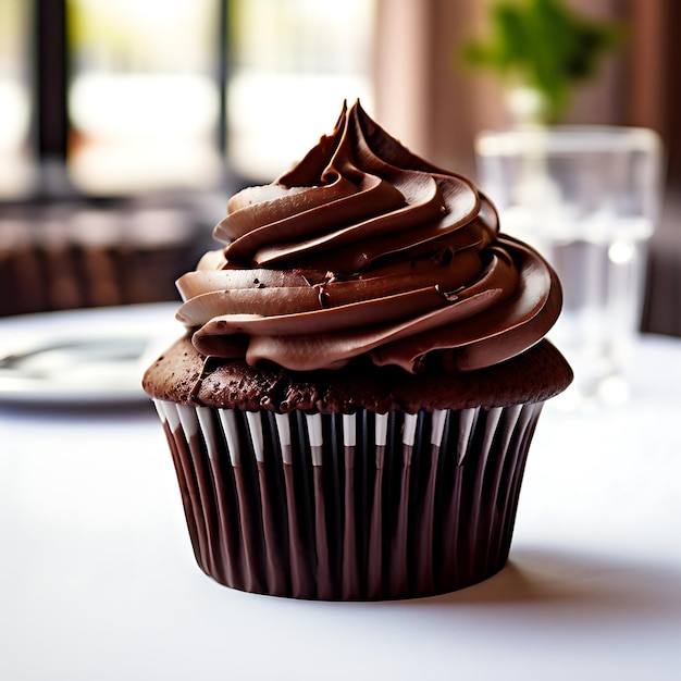 Photo a cupcake with chocolate frosting and a glass of water behind it