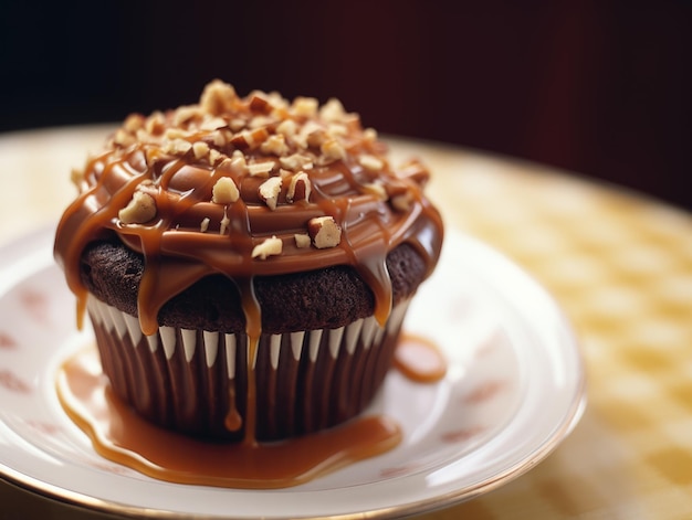 A cupcake with chocolate frosting and nuts on top