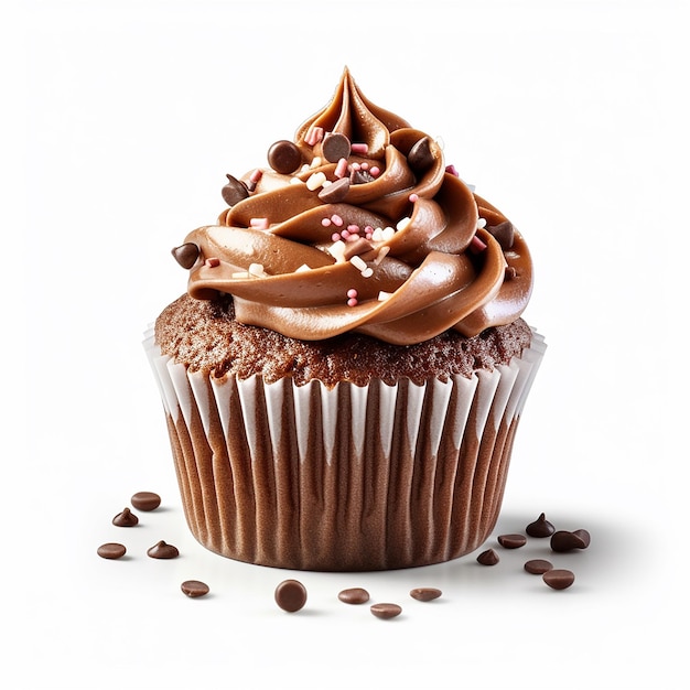 A cupcake with chocolate frosting and sprinkles on top of it.