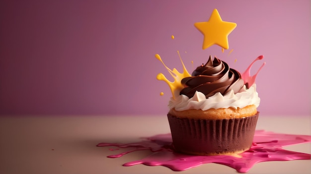 a cupcake with chocolate icing and a star on it