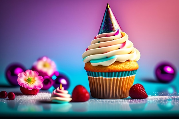 A cupcake with a colorful rainbow background