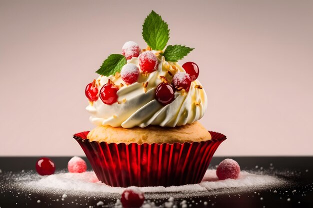 A cupcake with cranberries and cherries on top Generative AI