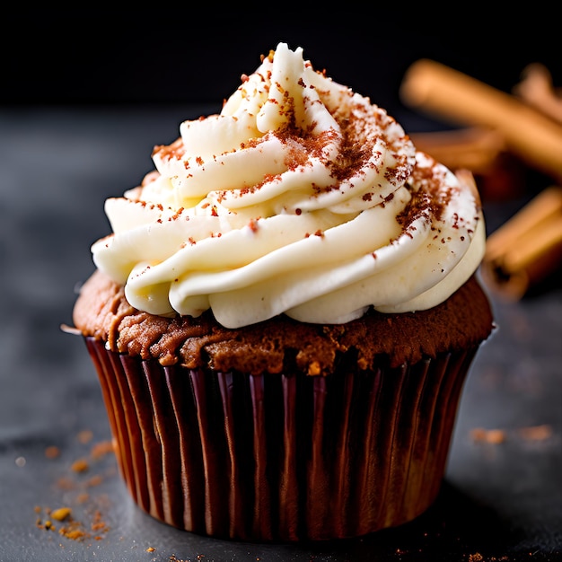 a cupcake with cream and chocolate on top of it