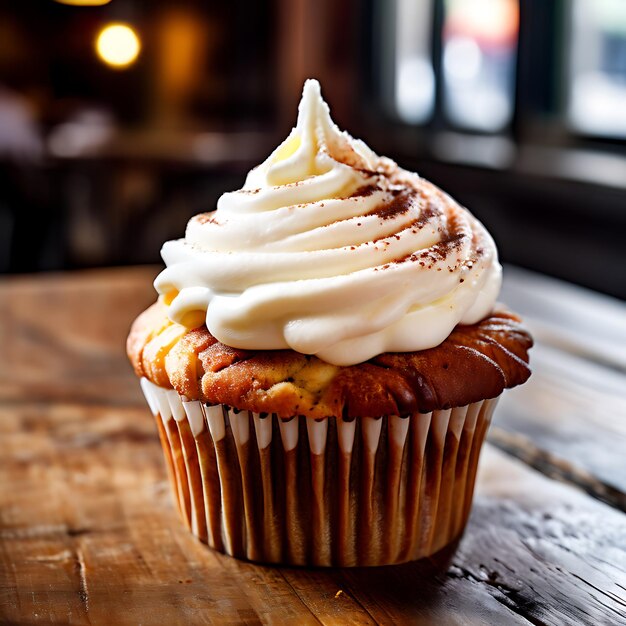 a cupcake with cream on the top and a white frosting on the top