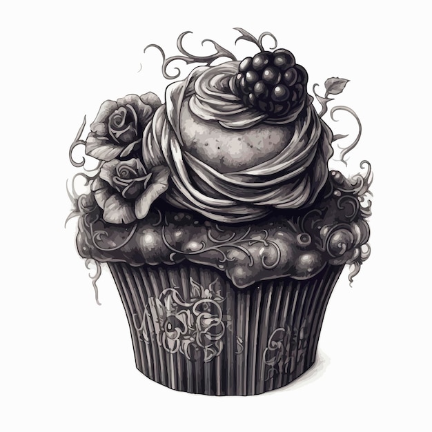 A cupcake with a flower on it is on a white background.