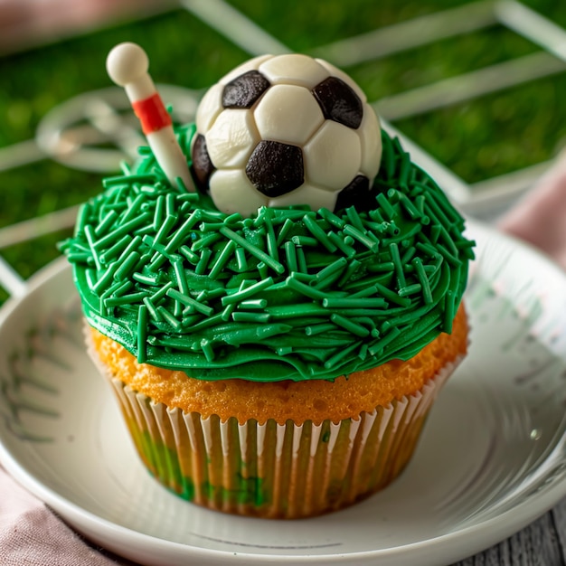 Photo cupcake with football themed decoration with ball