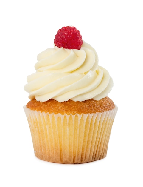 Cupcake with fresh raspberry isolated on white