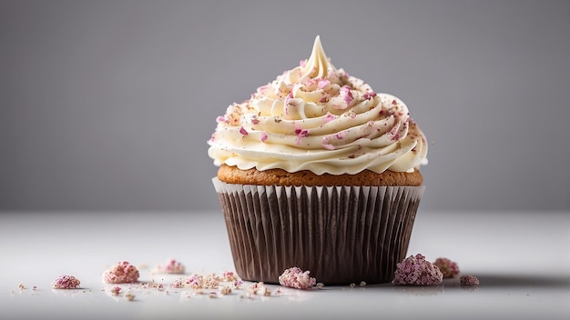 a cupcake with frosting and a flower petal on the top