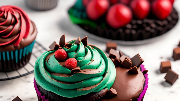 A cupcake with green frosting and a red berry on top