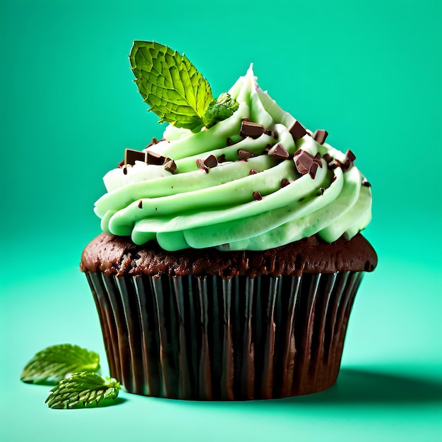 Photo a cupcake with green icing and a green background