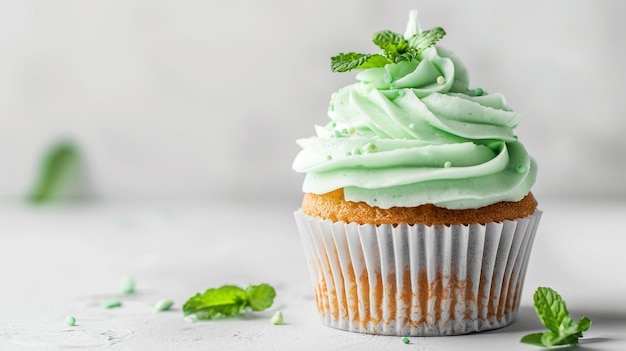 Photo a cupcake with green icing and a green frosting with mint leaves on it