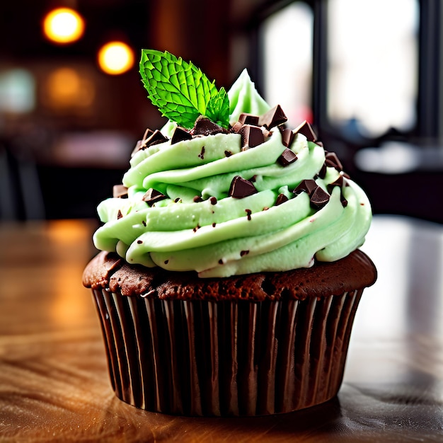 a cupcake with green icing and a green leaf on the top