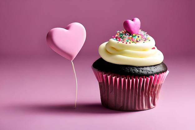 A cupcake with a heart shaped balloon and a pink background.