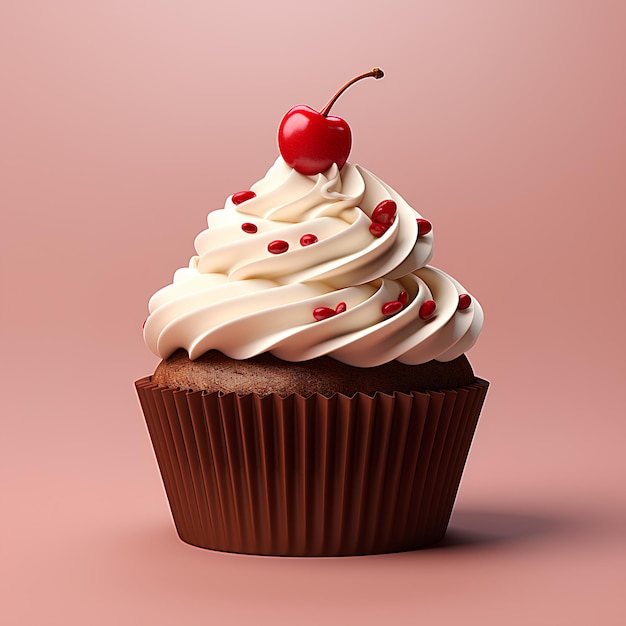 a cupcake with an icing and a cherry on pink background