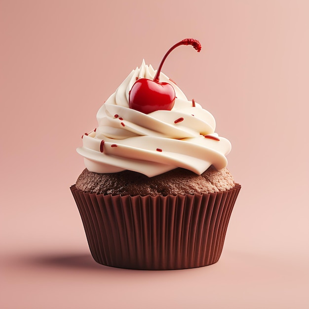 a cupcake with an icing and a cherry on pink background