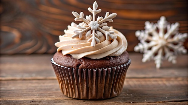 a cupcake with icing and a snowflake on it