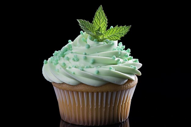 Photo a cupcake with lemon frosting and a mint leaf cupcake images557jpg