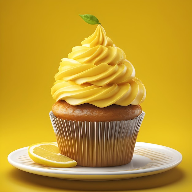 Cupcake with lemon on a yellow background 3d rendering