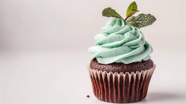 Photo a cupcake with mint frosting and a green leaf on the top