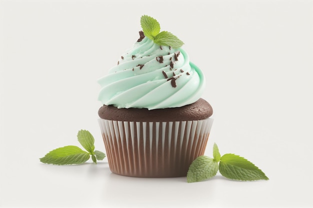 Photo a cupcake with mint frosting and mint leaves on it