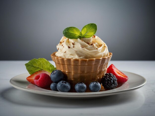 a cupcake with a mint leaf on it sits on a plate with a strawberry and blueberries