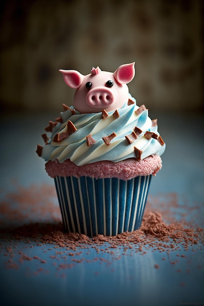 A cupcake with a pig on top