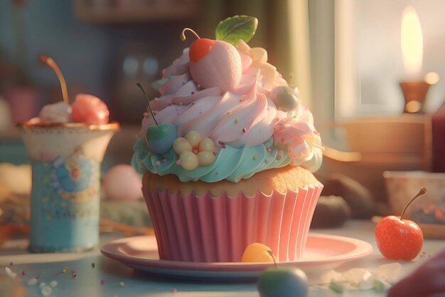 Cupcake with pink cream and berries in the kitchen Generative AI 3