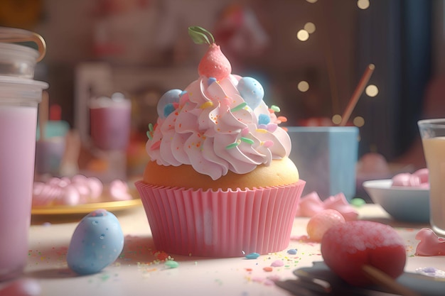 Cupcake with pink cream and berries in the kitchen Generative AI