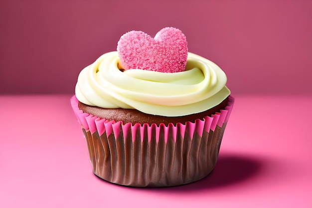 A cupcake with pink frosting and a heart on top