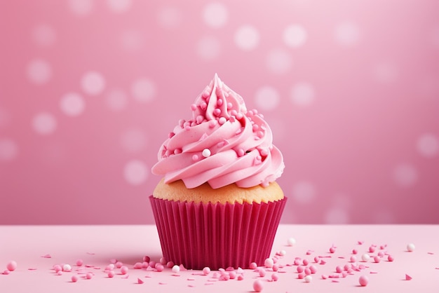 Cupcake with pink frosting on pink background with bokeh