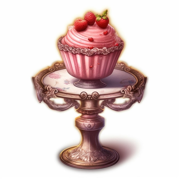 A cupcake with a pink frosting and a strawberry on it.