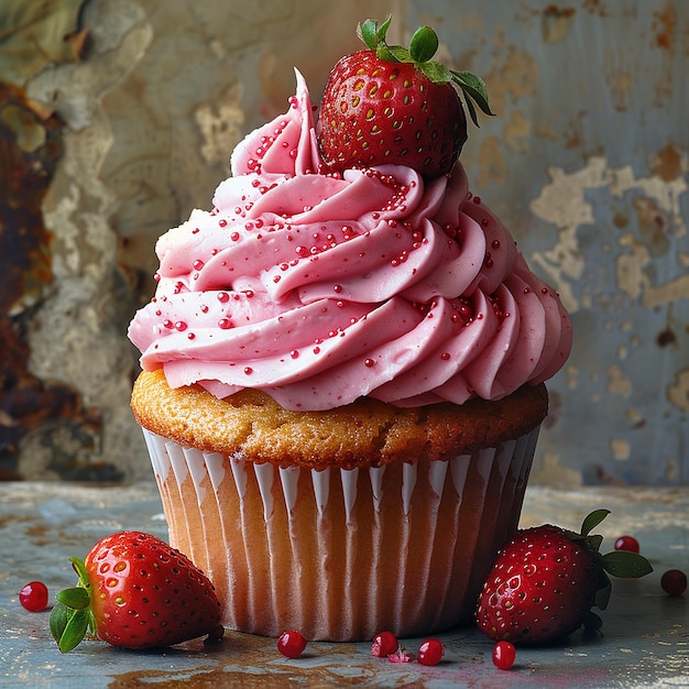 Photo cupcake with pink frosting and strawberry on marble generated by ai