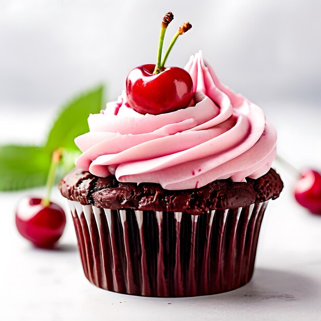 a cupcake with pink icing and cherry on top