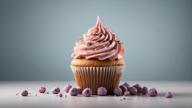 a cupcake with pink icing and a cupcake with pink icing and purple berries on the top