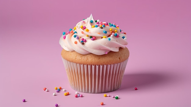 A cupcake with pink icing and rainbow sprinkles on a pink background.