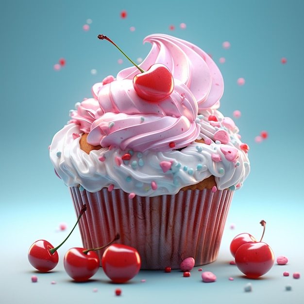 a cupcake with pink and white frosting and cherries on the top