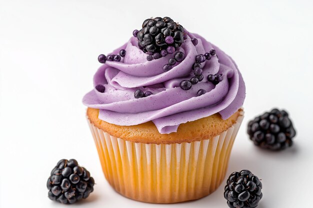 Photo cupcake with purple cream and blackberry filling