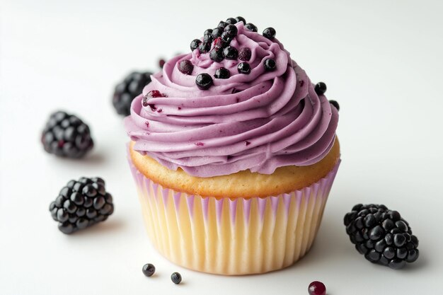 Photo cupcake with purple cream and blackberry filling