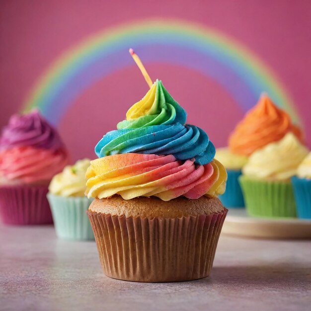 Photo cupcake with rainbow frosting and rainbow frosting on it