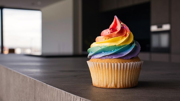 a cupcake with rainbow frosting and rainbow sprinkles on it