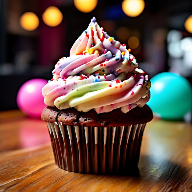 a cupcake with rainbow sprinkles on it sits on a table