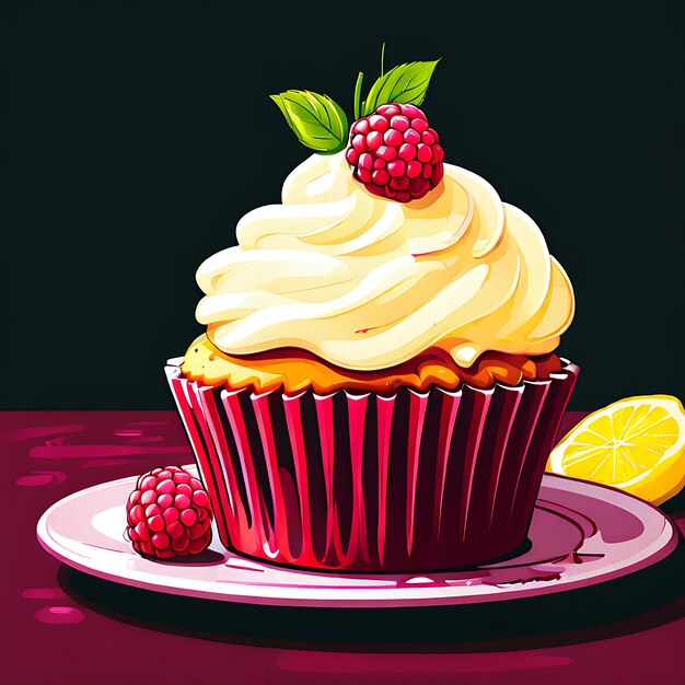 a cupcake with raspberries on it and a lemon wedge on the top