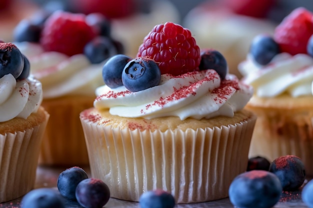 A cupcake with a raspberry on top