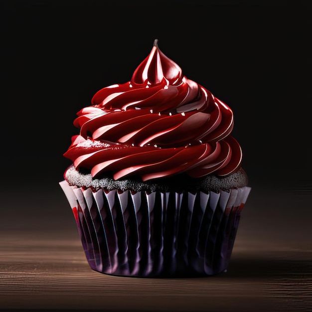 A cupcake with red icing and a dark background.