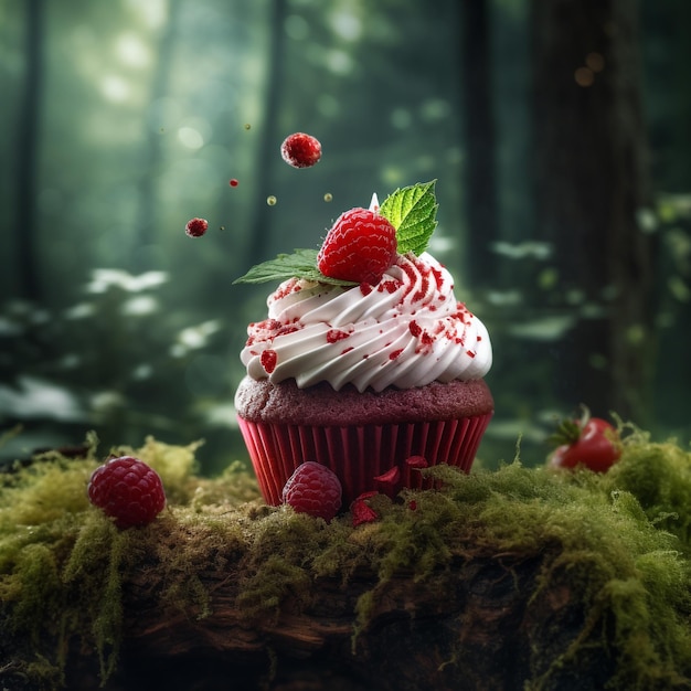 A cupcake with a red velvet cake with white frosting and a sprinkle of green leaves.