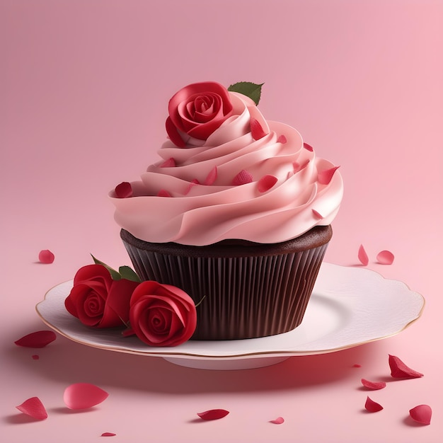 Cupcake with roses on a pink background 3d rendering