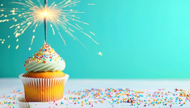 A cupcake with a sparkler on it is surrounded by sprinkles.