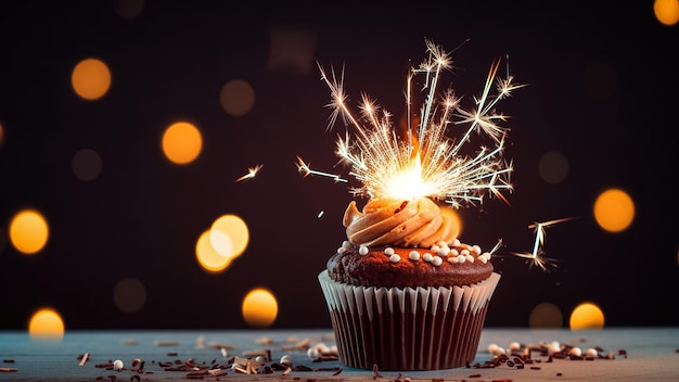 A cupcake with a sparkler on it