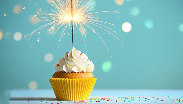 A cupcake with a sparkler on it